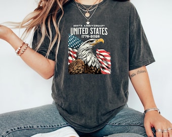 250th Anniversary United States Patriotic Tee, Vintage Washed Bald Eagle & American Flag Graphic Shirt for 1776-2026 USA Celebrations
