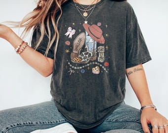 Vintage Washed Charcoal Graphic Shirt with Eras Tour Themed Cowboy Boot & Easter Eggs,  for Concerts, Meetups and Daily Wear