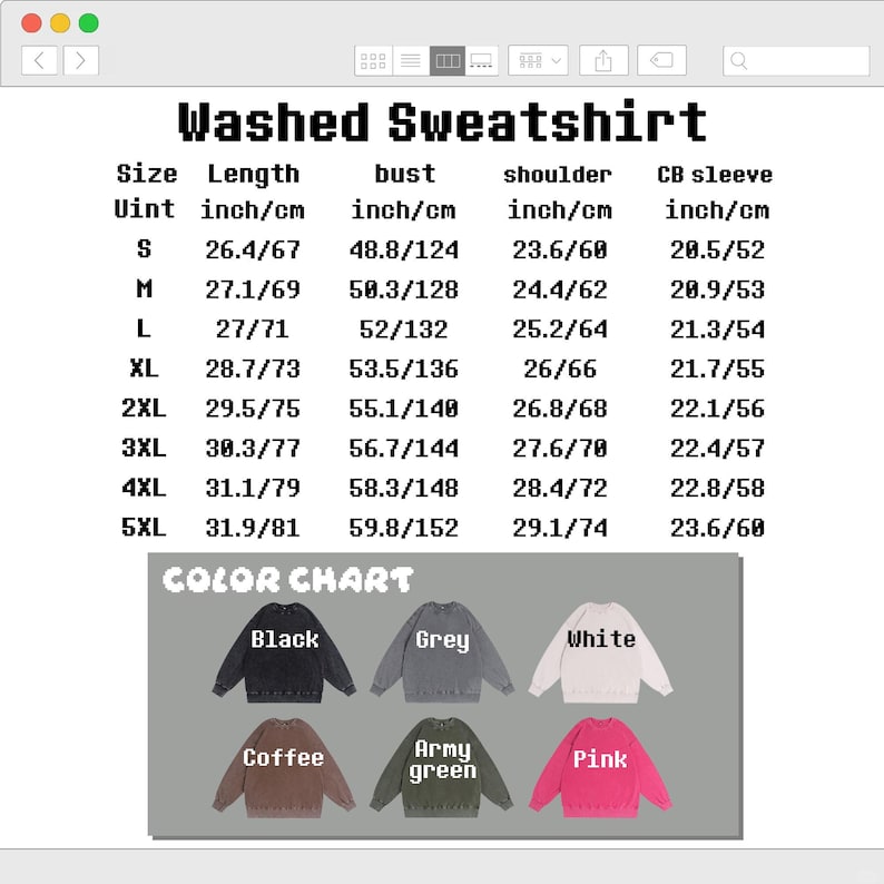 K&ouml;nnte beinhalten: Eine Gr&ouml;&szlig;entabelle f&uuml;r ein gewaschenes Sweatshirt mit den &Uuml;berschriften Washed Sweatshirt und Color Chart. Die Tabelle listet Ma&szlig;e in Zoll und Zentimetern f&uuml;r die Gr&ouml;&szlig;en S bis 5XL auf, inklusive L&auml;nge, Brust, Schulter und &Auml;rmel. Sechs Farben.