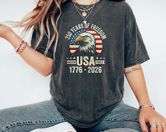 250 Years of Freedom USA Patriotic Tee, Vintage Washed Bald Eagle & Flag Graphic Shirt for 1776-2026 Anniversary 4th of July