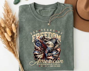 250 Years of Freedom American Eagle Patriotic Tee, Vintage Washed Semiquincentennial Shirt for USA 1776-2026 & 4th of July