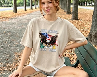 250 Years Patriotic Tee, USA Iconic Symbols Graphic Shirt with Bald Eagle, Statue of Liberty  Liberty Bell for Anniversary 4th of July