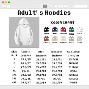 K&ouml;nnte beinhalten: Ein wei&szlig;er Kapuzenpullover mit einer Farbkarte, die pixelige Symbole f&uuml;r Schwarz, Marine, Kastanienbraun, Dunkelgr&uuml;n, Wei&szlig;, Kaffee, Khaki, Aprikose, Grau und Beige zeigt. Eine Gr&ouml;&szlig;entabelle listet Ma&szlig;e in Zoll und Zentimetern f&uuml;r S bis 4XL auf.