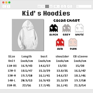 K&ouml;nnte beinhalten: Ein wei&szlig;er Kapuzenpullover mit einer Farbkarte, die schwarze, graue, wei&szlig;e, rote und rosa Pixel-Symbole zeigt. Eine Gr&ouml;&szlig;entabelle enth&auml;lt Ma&szlig;e in Zoll und Zentimetern f&uuml;r die Gr&ouml;&szlig;en 110-XS bis 150-XL, unterteilt in L&auml;nge, Brustumfang, Schulter und &Auml;rmell&auml;nge.