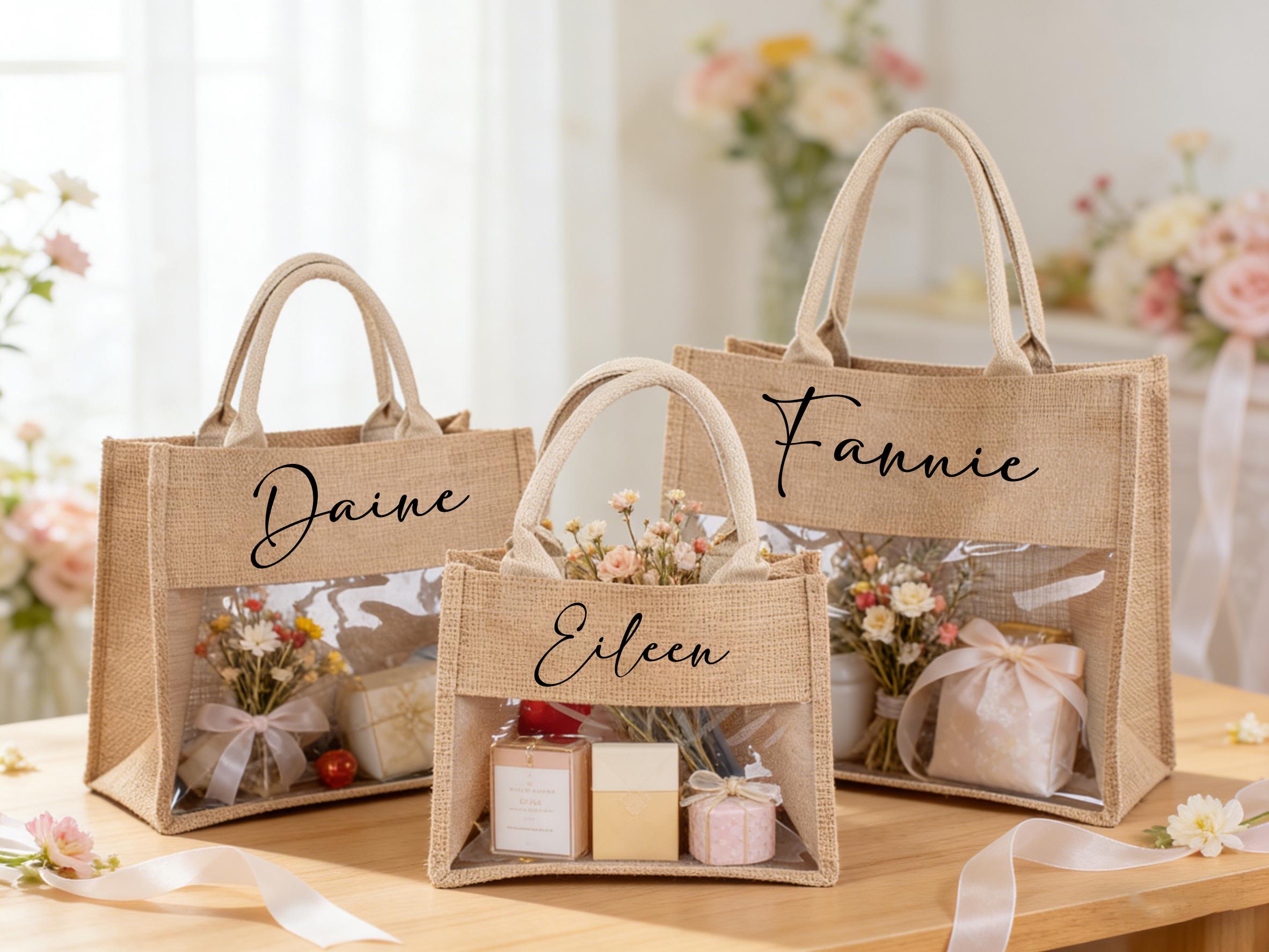 Personalized Bridesmaid Clear Burlap Tote, Custom Name Wedding Bag, Bachelorette Party Gift