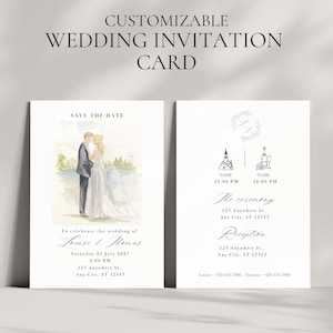 Peut inclure: Carte d'invitation de mariage personnalisable avec illustration à l'aquarelle d'un couple. La carte comprend le texte "Save the Date", les détails du mariage et les coordonnées. La carte est blanche avec du texte noir.