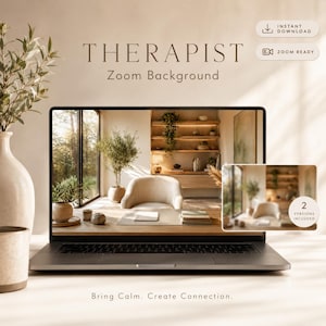 May include: A laptop displays a serene therapist's office Zoom background. The screen shows a bright room with a window, plants, and a comfortable chair. Text on the screen reads "THERAPIST Zoom Background." The image includes a vase and a mug.