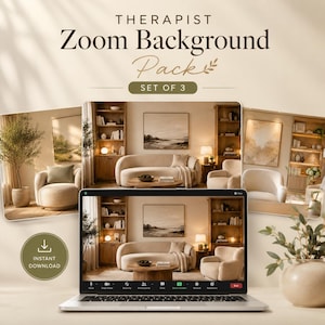 Könnte beinhalten: Ein Laptop zeigt ein Zoom-Hintergrundpaket für Therapeuten mit drei Innendesign-Optionen. Die Hintergründe zeigen Wohnzimmer in neutralen Farbtönen mit Sofas, Sesseln, Bücherregalen und Kunstwerken. Der Text lautet "THERAPIST Zoom Background Pack SET OF 3" und "INSTANT DOWNLOAD".