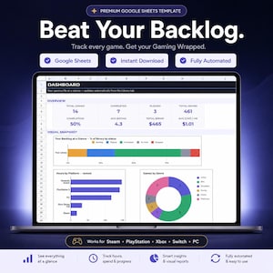 May include: A digital Google Sheets template for tracking video games, displayed on a laptop screen. The dashboard shows statistics like total hours, completion percentage, and average cost, alongside a bar chart and a donut chart for game genres.