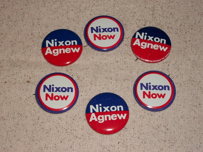 Six Vintage Policital Pins...Nixon Now and Nixon Agnew Pins...Tin Litho Pin Back Buttons...Nice Condition...Set of 6...1960/'s Political Pins