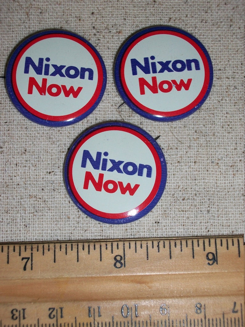 Six Vintage Policital Pins...Nixon Now and Nixon Agnew Pins...Tin Litho Pin Back Buttons...Nice Condition...Set of 6...1960/'s Political Pins