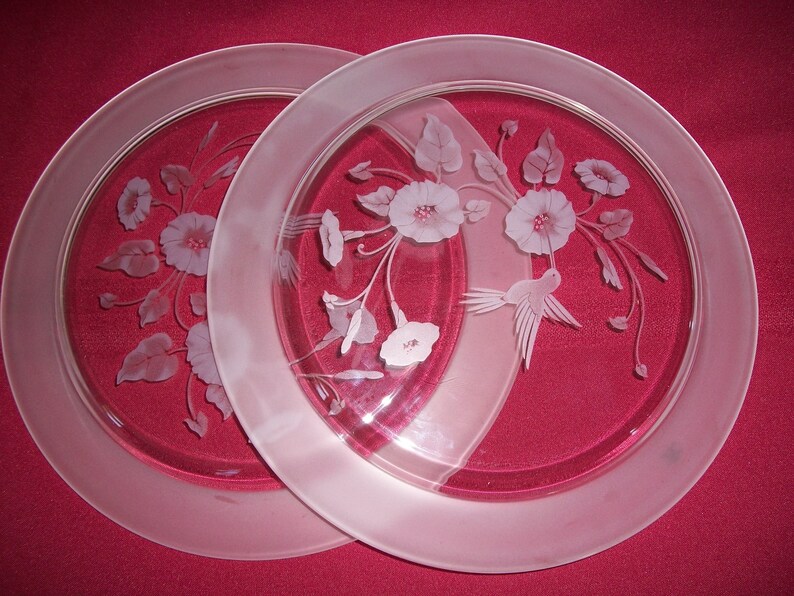 24/% Lead Crystal Avon Hummingbird Dinner Plate... 2 EtchedFrosted Scene of Hummingbird Sipping Nectar from Flower..Beautiful Condition