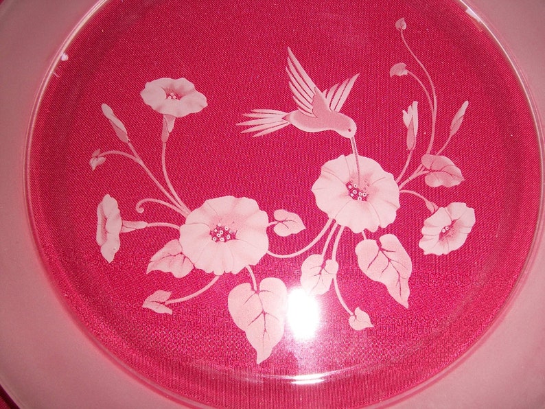 24/% Lead Crystal Avon Hummingbird Dinner Plate... 2 EtchedFrosted Scene of Hummingbird Sipping Nectar from Flower..Beautiful Condition
