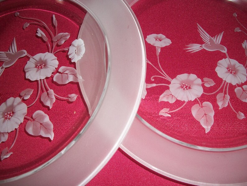 24/% Lead Crystal Avon Hummingbird Dinner Plate... 2 EtchedFrosted Scene of Hummingbird Sipping Nectar from Flower..Beautiful Condition