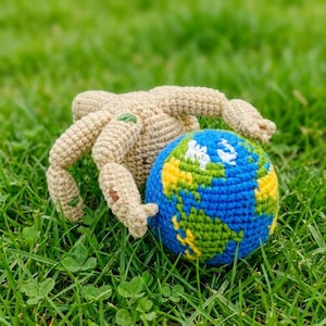 Peut inclure: Une araignée crochetée avec des pattes et un corps beiges, tenant un globe crocheté bleu, jaune et vert. Les pattes de l'araignée ont des détails verts et bruns. La scène se déroule sur de l'herbe verte.
