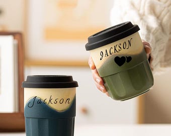 Personalized Ceramic Travel Mug with Lid, Custom Name Coffee Cup, Mountain Landscape Tumbler, Handmade Pottery Gift, 11oz