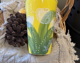 Yellow Floral Ceramic Tumbler Tulip Coffee Cup Embossed Flower Mug Aesthetic Drinkware Spring Gift Cute Latte Cup for Her