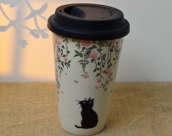 Floral Black Cat Ceramic Travel Mug with Lid – 13.5oz Latte Cup