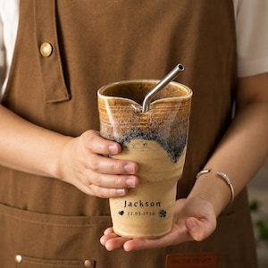 Handmade Drip Glaze Ceramic Tumbler with Straw Hole – Rustic Pottery Coffee Cup