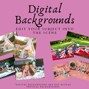 May include: A collage of digital backgrounds for photos. The backgrounds include a teepee tent, a truck bed, a red, white, and blue blanket, and a whimsical Alice in Wonderland themed scene.