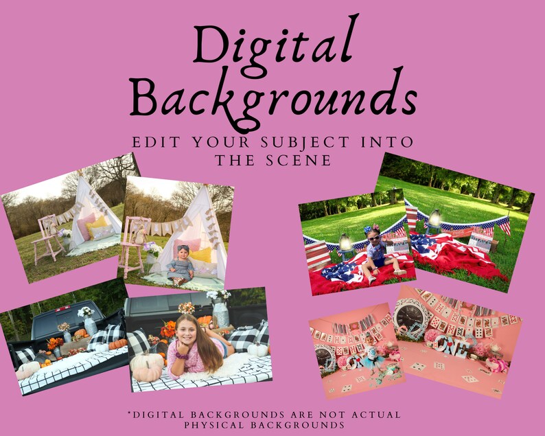 May include: A collage of digital backgrounds for photos. The backgrounds include a teepee tent, a truck bed, a red, white, and blue blanket, and a whimsical Alice in Wonderland themed scene.