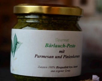 Pesto fresco di aglio selvatico 200 ml | Fatto a mano con olio d'oliva proveniente dall'orto naturale. Specialità di erbe selvatiche con Parmigiano e pinoli. 100% naturale.