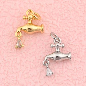 Faucet Pendant in 18K Gold Filled with Crystal Drop Accent and Unique Plumbing Charm Design for Jewelry Making 11x10mm