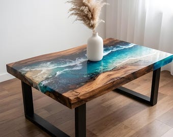 Live Edge Ocean Resin Coffee Table, Handmade Epoxy Center Table, Modern Living Room Decor, Unique Coffee Table, Rustic Coffee Table