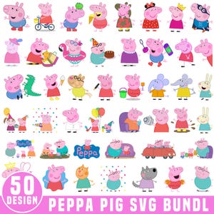 Puede incluir: Una colección de 50 diseños de Peppa Pig en varias poses y atuendos. Los diseños incluyen personajes de Peppa Pig con accesorios como bicicletas, helados y sombreros de fiesta. El texto "Peppa Pig SVG Bundl" está en la parte inferior.