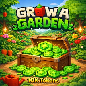 Może przedstawiać: Cyfrowa ilustracja drewnianej skrzyni skarbów wypełnionej zielonymi żetonami, osadzona w tętniącym życiem ogrodzie. Tekst "GROW A GARDEN" jest wyświetlany nad skrzynią, z "10K Tokens" na dole.