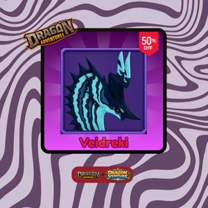 Könnte beinhalten: Eine digitale Grafik mit einem Veidreki-Drachenkopf mit dunkelblauen und cyanfarbenen Streifenmustern. Das Bild enthält den Text Dragon Adventures, Veidreki und ein 50% off Abzeichen. Ein gemeinsames Logo von Dragon Adventures und Dragon Venture ist unten.