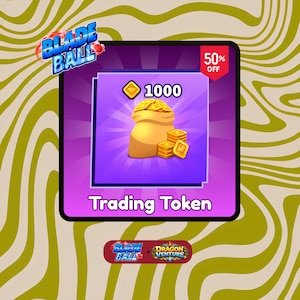 May include: A digital graphic showing a purple square with a bag of gold coins and coin stacks. The text "1000" is above the bag, and "Trading Token" is below. A "50% OFF" tag is in the corner.