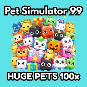 Könnte beinhalten: Ein farbenfrohes Bild mit zahlreichen Cartoon-Haustierfiguren in verschiedenen Farben und Designs, darunter Katzen und Geschenkboxen. Der Text "Pet Simulator 99" und "HUGE PETS 100x" ist auf hellblauem Hintergrund zu sehen.