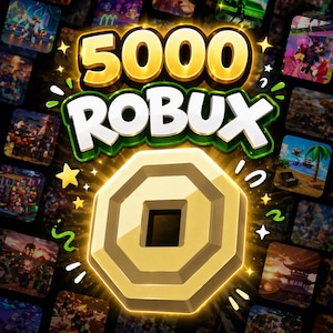 May include: A digital graphic with the text "5000 ROBUX" in gold and white, surrounded by a green outline and sparkling effects. A gold coin with a square center is in the foreground, with various game scenes in the background.