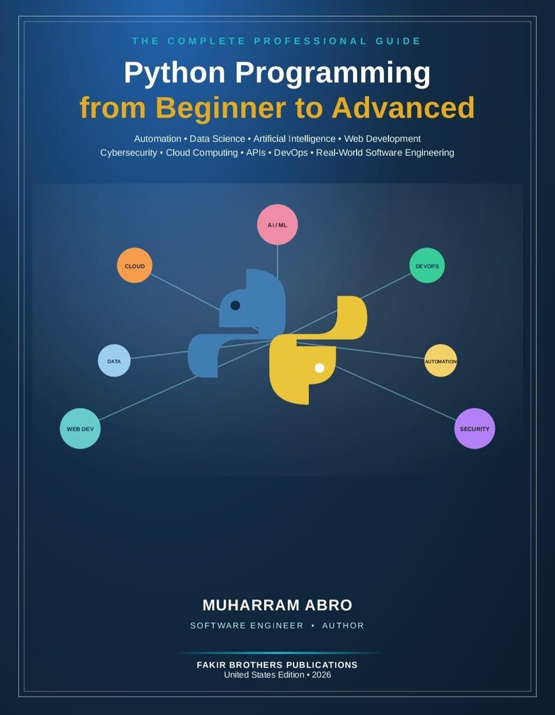 May include: A book cover titled Python Programming from Beginner to Advanced by Muharram Abro. The dark blue cover features a central blue and yellow snake graphic connected to colorful circles labeled AI/ML, Cloud, DevOps, Data, Web Dev, Automation, and Security.