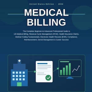Może przedstawiać: Ciemnoniebieska okładka książki z tytułem Medical Billing United States Edition 2026. Tekst wymienia tematy takie jak zarządzanie cyklem przychodów, roszczenia ubezpieczeniowe i kodowanie. Grafika przedstawia szpital oraz wykres danych.