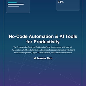 Puede incluir: Una portada de libro azul titulada No-Code Automation & AI Tools for Productivity de Muharram Abro. La portada muestra una puntuación de productividad de IA del 94%, gráficos de automatización y una guía de sistemas empresariales.