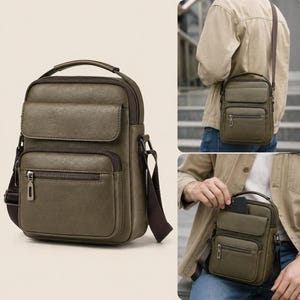 May include: Olive green messenger bag with multiple pockets and a top handle. The bag has a long adjustable strap and a zippered main compartment. The bag is shown in multiple views, including being worn over the shoulder.