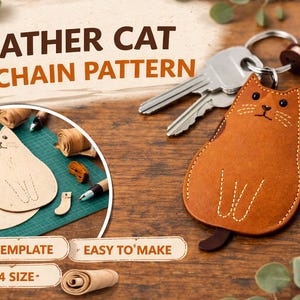 Patrón de llavero de gato de cuero (plantilla PDF), manualidad DIY tamaño A4