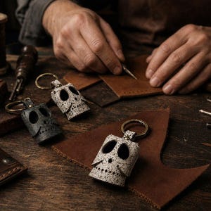 May include: Handmade leather skull keychains in black and white, with gold-colored key rings. The keychains are rectangular with a skull face design. The artisan is working on leather in the background.
