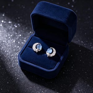 May include: A pair of silver-toned stud earrings shaped like crescent moons, each featuring a small, round, light blue cabochon stone and a tiny star accent encrusted with clear, sparkling crystals, presented inside a dark blue velvet jewellery box.