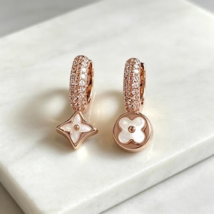 Asymmetric Mother of Pearl Huggie Earrings, 18K Rose Gold Micro Pave CZ, French Vintage Hypoallergenic Dainty Gift for Her