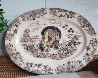 Plateau vintage Turquie Transferware | Plat de service fermier marron fabriqué au Japon