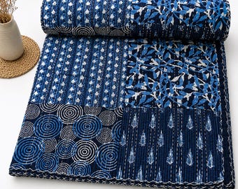 Indigo Patchwork Kantha Quilt Handmade Blue Cotton Bedspread Boho Block Print Blanket Indian Kantha Throw Reversible Bedding Tribal Bohemian