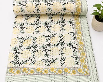 Handmade Kantha Quilt Floral Bedspread Yellow Green Block Print Cotton Blanket Indian Boho Bedding Reversible Throw Lightweight Summer Quilt