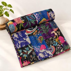 Handmade Hand Block Print Kantha Quilt, Indian Patchwork Blanket, Boho Cotton Bedspread, Reversible Kantha Throw, Colorful Floral Quilt