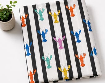 Black White Striped Lobster Print Cotton Fabric by Yard, Nautical Coastal Fabric, Preppy Ocean Theme Fabric, Novelty Cotton Fabric