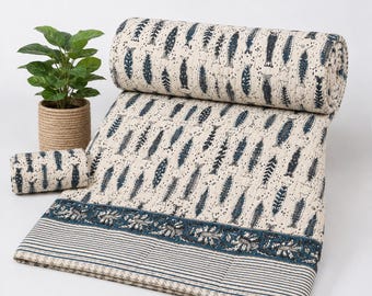 Handmade Kantha Quilt Fish Print Cotton Bedspread | Indian Block Print Throw Blanket | Reversible Kantha Quilt | Boho Coastal Bedding Decor