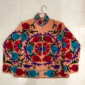 Orange Peach Embroidered Boho Coat | Handmade Uzbek Textile | Pomegranate Floral Jacket | Statement Ethnic Wear