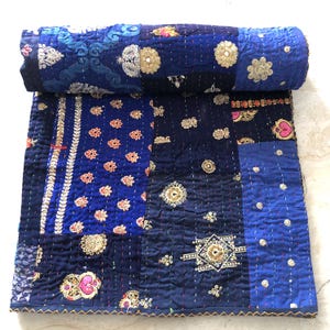 Blue Kantha Throw, Handmade Boho Bedspread, Traditional Indian Textile Handstitched Kantha Quilt, Indian Patchwork Quilt Indian kantha